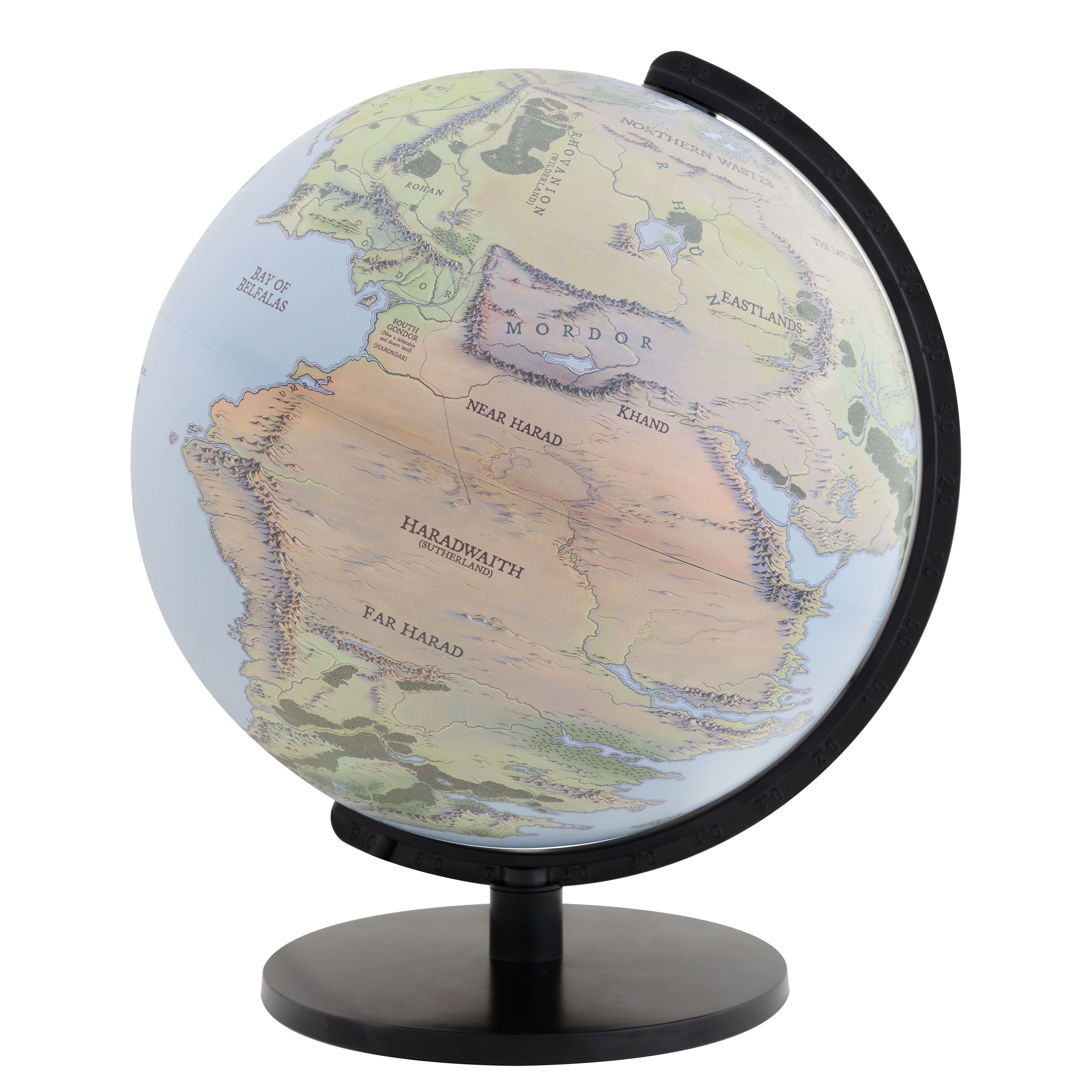 Unlit globe featuring the map of Middle-earth from “The Lord of the Rings.” Regions such as Mordor, Gondor, Haradwaith, and Far Harad are visible. The globe rests on a black base and holder.