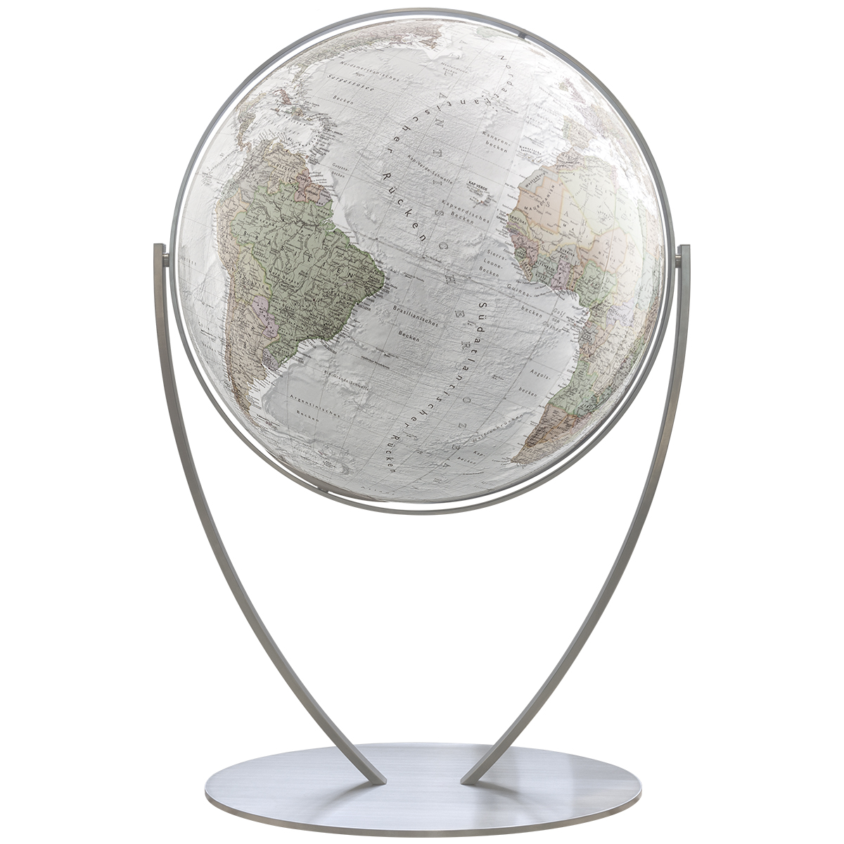 A floor globe with a grey map design, tall V-shaped silver metal stand and round base, showing the Americas in the center, unlit.