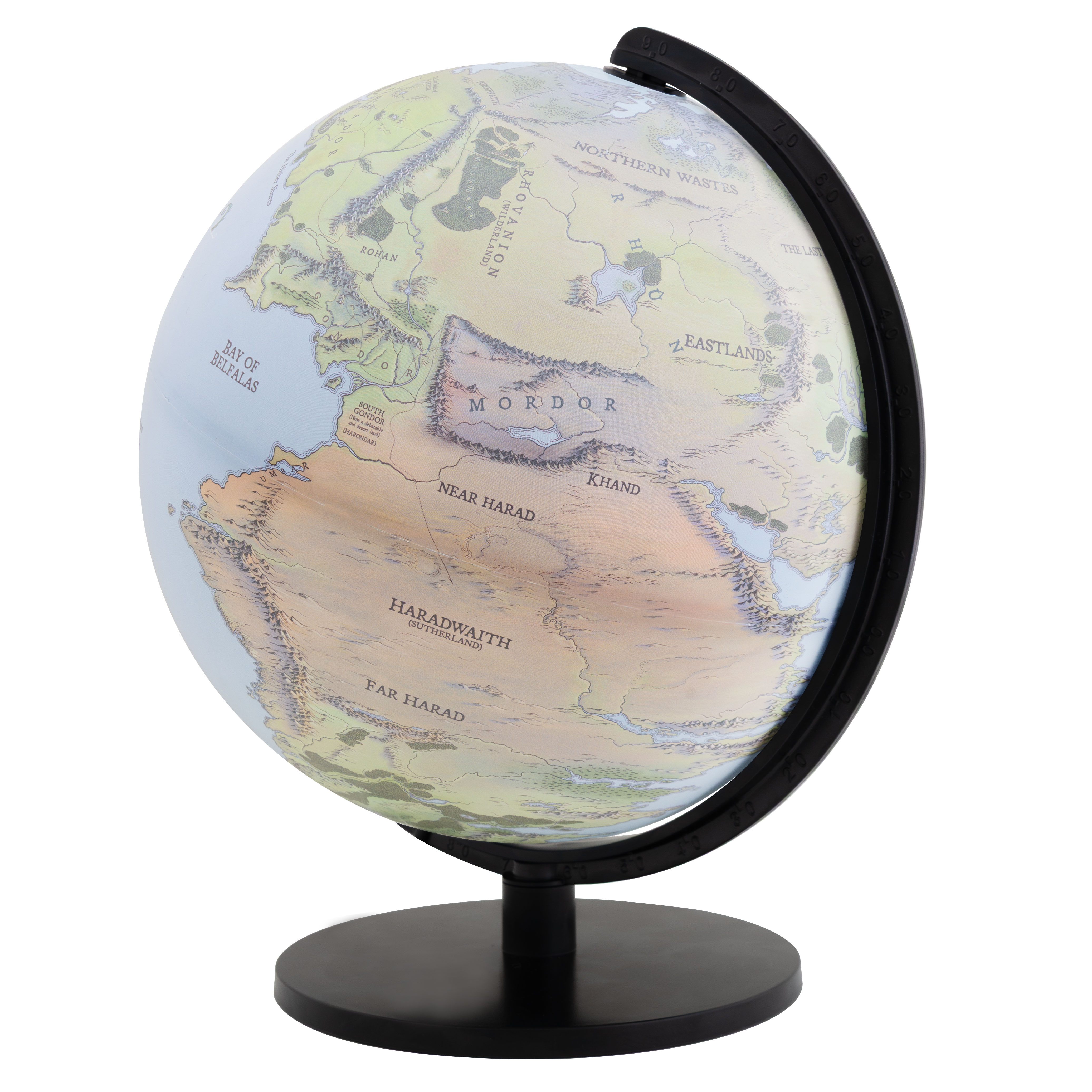 Unlit Middle-earth globe from Tolkien’s “The Lord of the Rings,” focusing on Mordor, Gondor, and Haradwaith. The globe is mounted on a black stand.