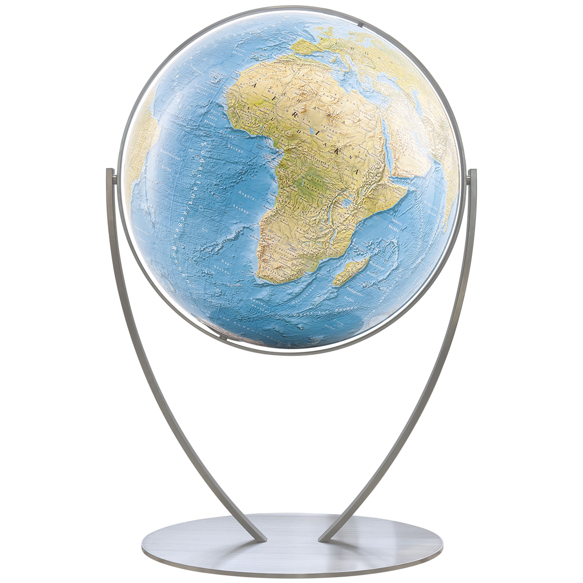 Ein Globus in einer modernen Halterung aus gebürstetem Metall mit bogenförmigem Gestell und rundem Fuß, unbeleuchtet.