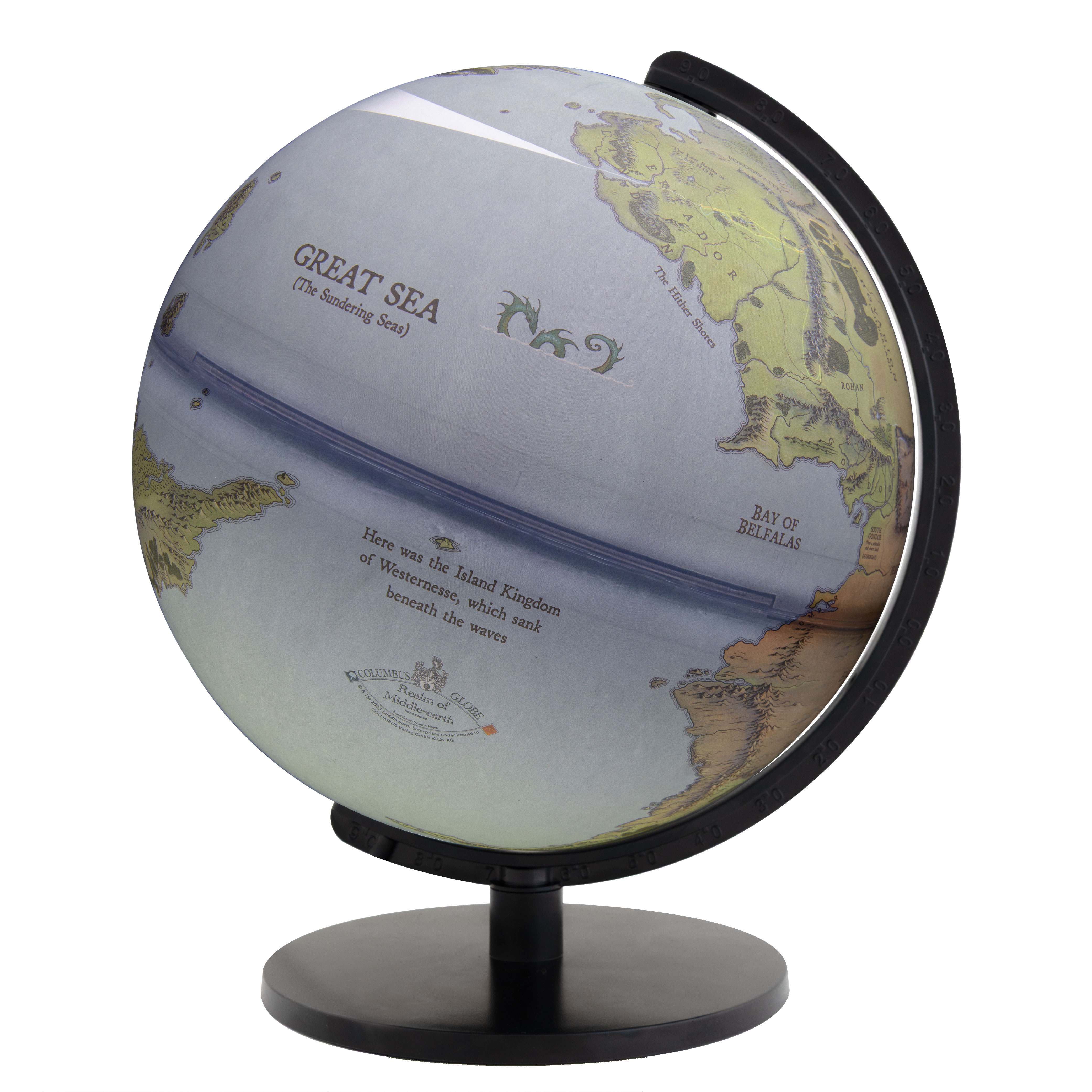 Illuminated globe featuring the map of Middle-earth from “The Lord of the Rings.” Visible are the Great Sea, Númenor, the Bay of Belfalas, and western lands. The globe rests on a black base.